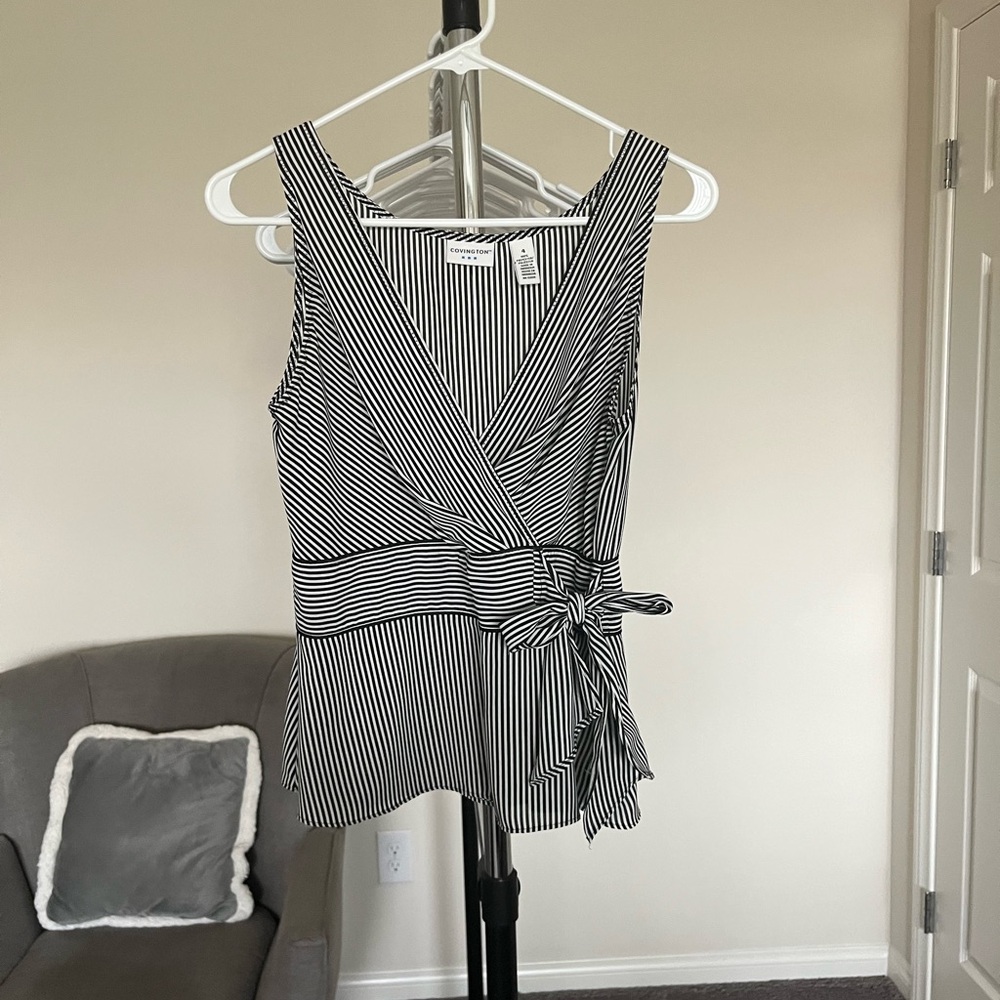 Covington Black and White Striped V-Neck Top